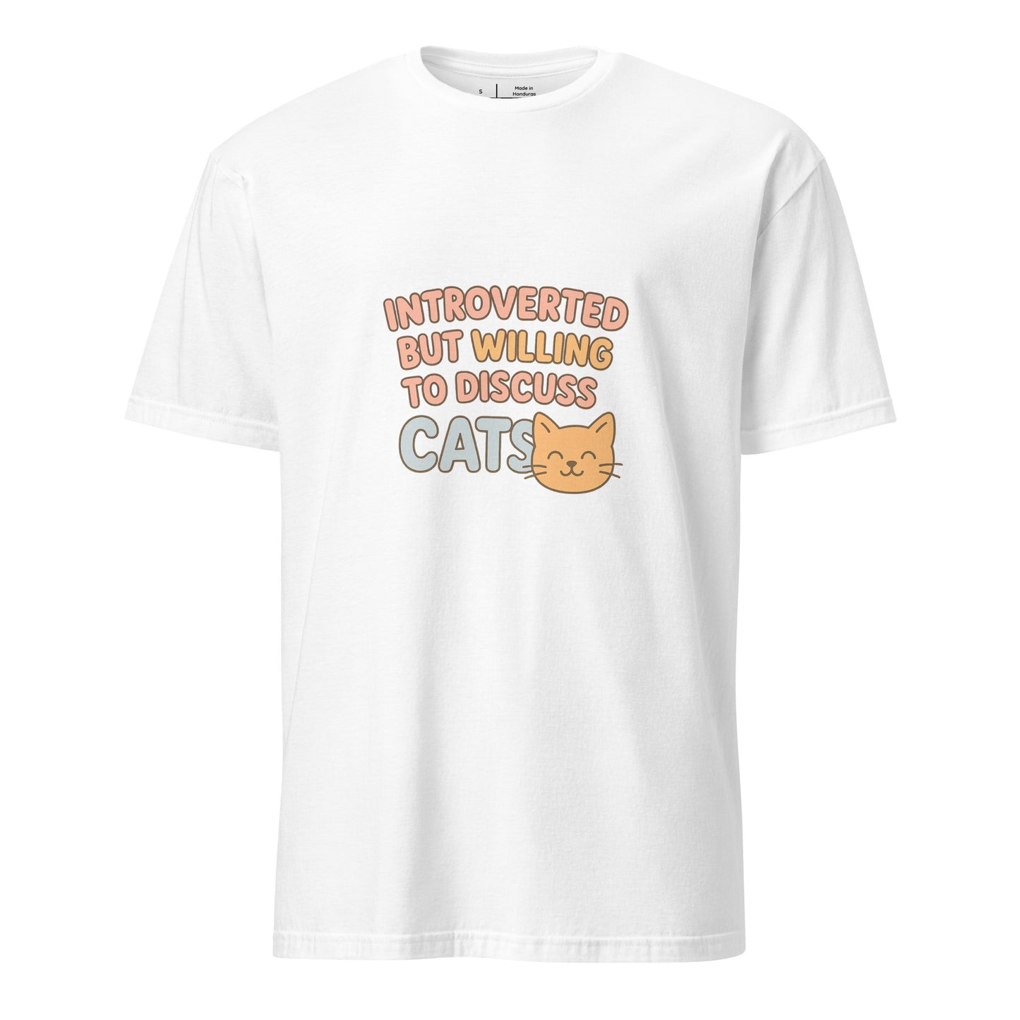 Introverted But Willing To Discuss Cats – Cozy Cat Lovers - Short-Sleeve Unisex T-Shirt - Graphic Tee - White - Front