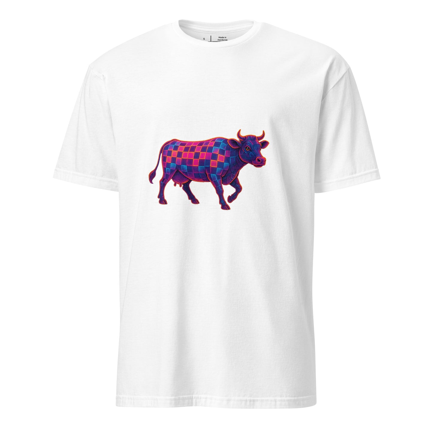 Cyber Cow – Futuristic Neon Bovine - Short-Sleeve Unisex T-Shirt - Graphic Tee - White - Front