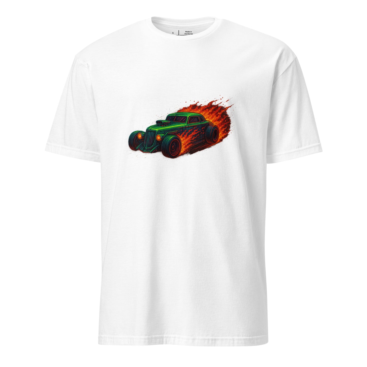 Pixel Hot Rod – Retro Fire Meets Digital - Short-Sleeve Unisex T-Shirt - Graphic Tee - White - Front