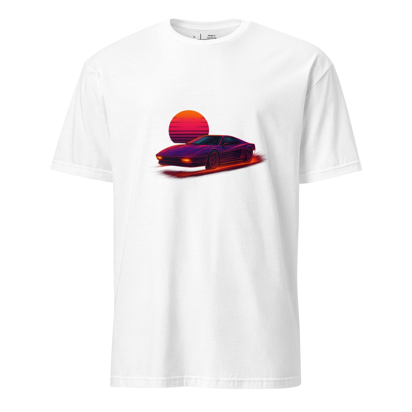 Synthwave Supercar – Race Into The Neon Future - Short-Sleeve Unisex T-Shirt - Graphic Tee - White - Front
