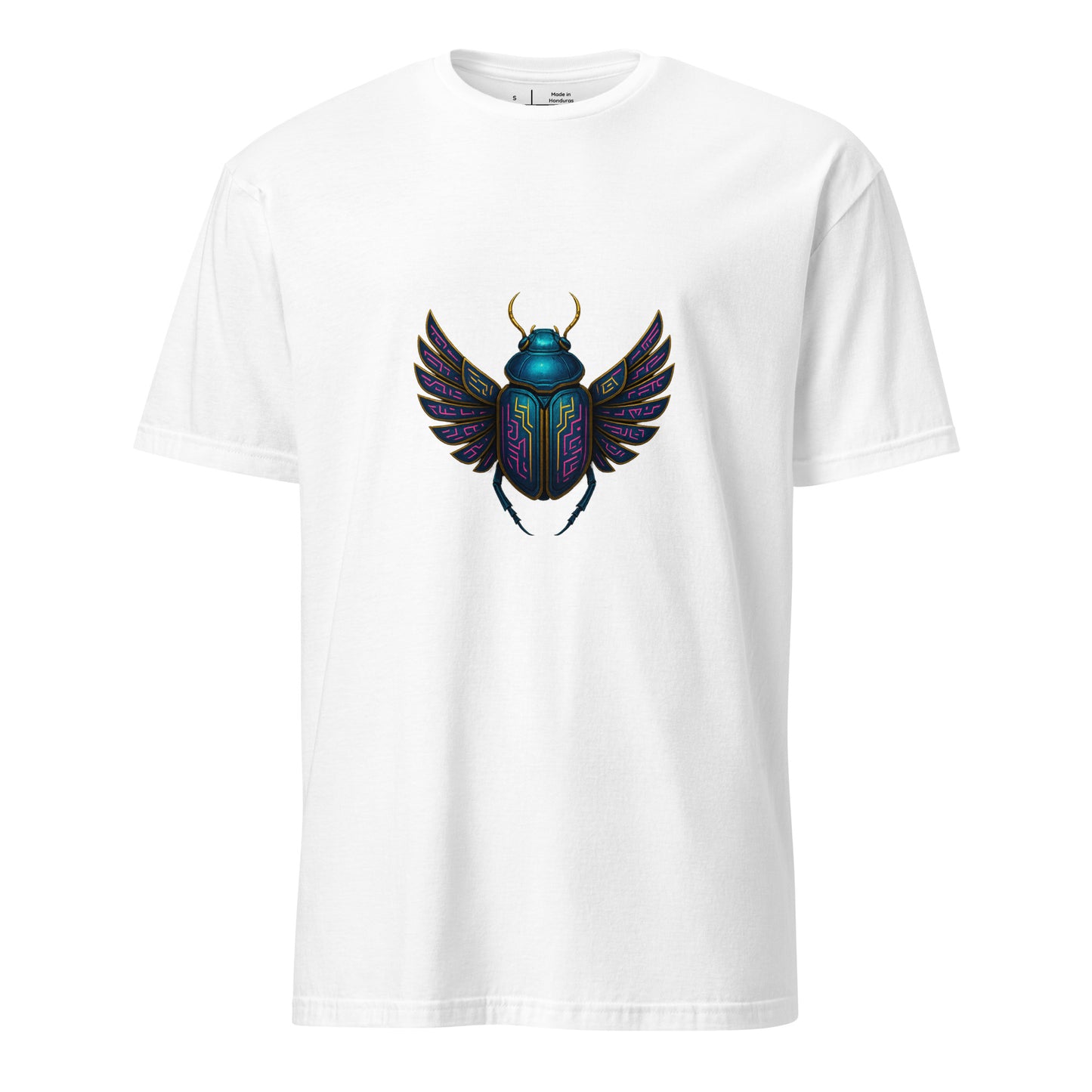 Mecha Scarab Beetle – Neon Tech Guardian - Short-Sleeve Unisex T-Shirt - Graphic Tee - White - Front