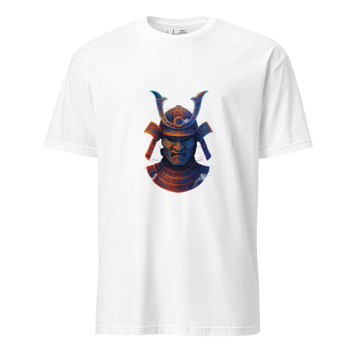 Holographic Samurai Helmet – Neon Warrior - Short-Sleeve Unisex T-Shirt - Graphic Tee - White - Front