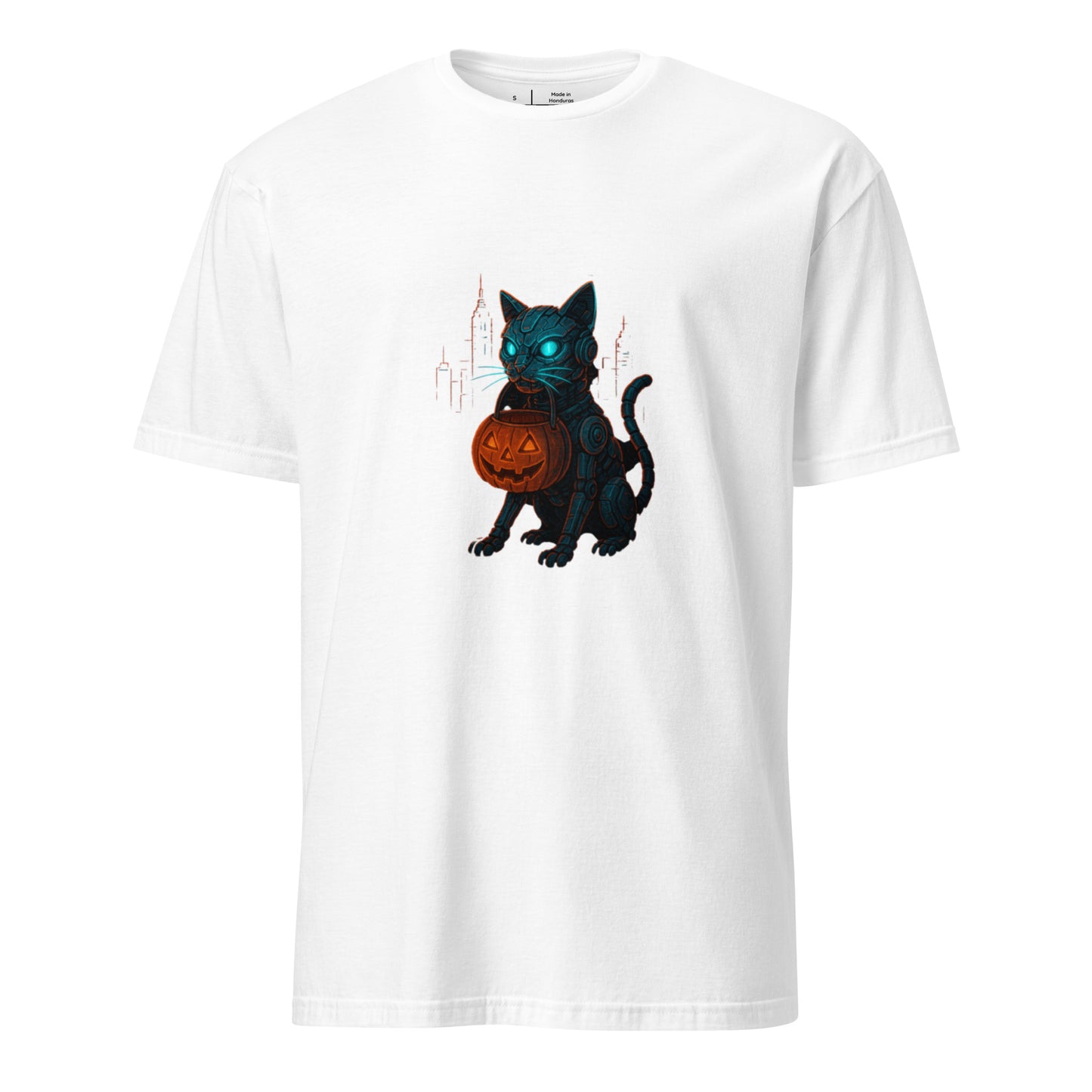 Trick-or-Treat Cyborg Cat – Cyberpunk Halloween Glow - Short-Sleeve Unisex T-Shirt - Graphic Tee - White - Front