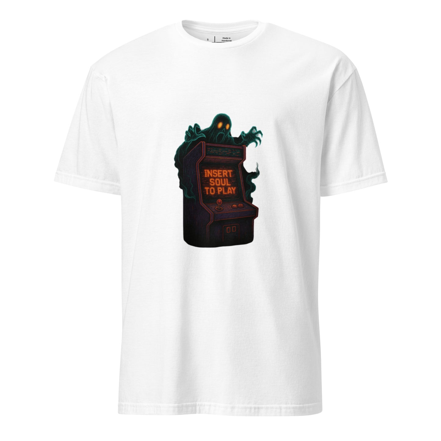 Haunted Neon Arcade Machine – “Insert Soul to Play” Retro Horror - Short-Sleeve Unisex T-Shirt - Graphic Tee - White - Front