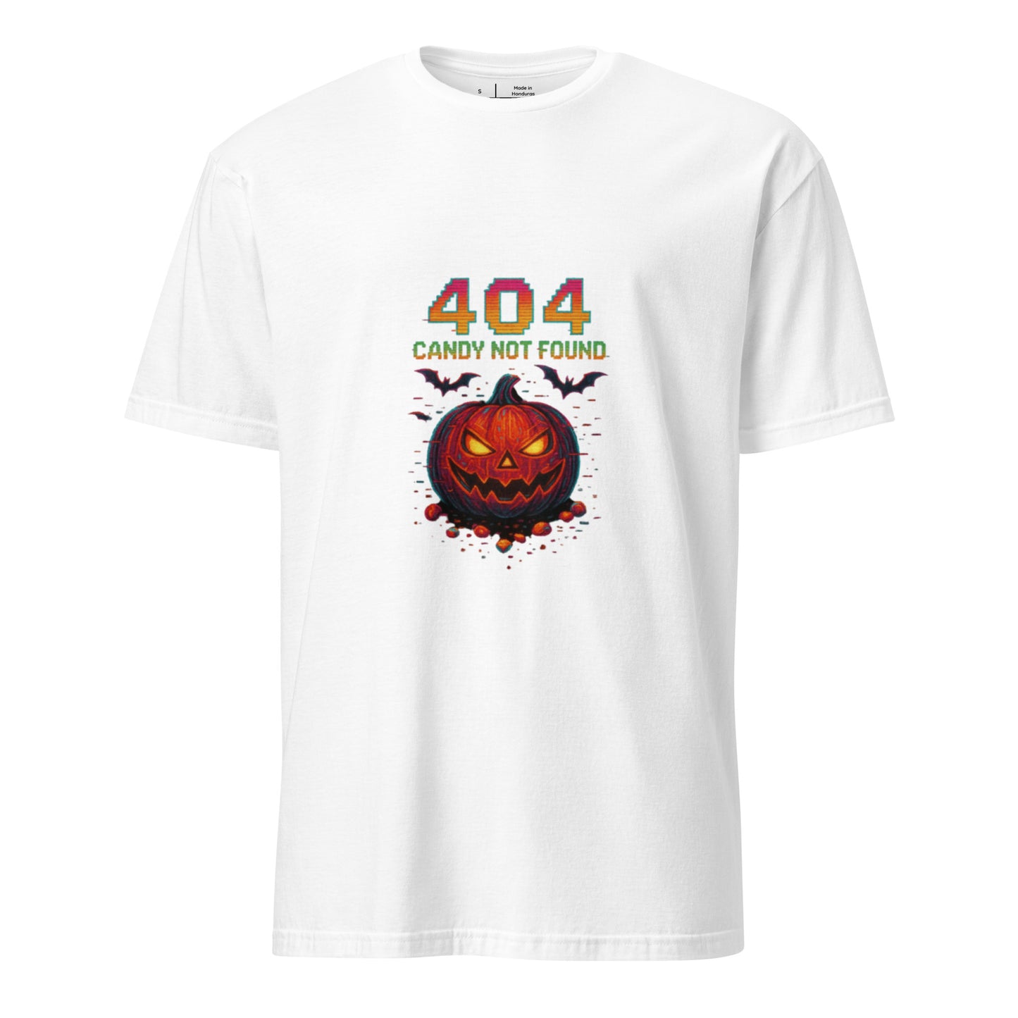 404 Candy Not Found – Cyberpunk Pumpkin Glitch - Short-Sleeve Unisex T-Shirt - Graphic Tee - White - Front