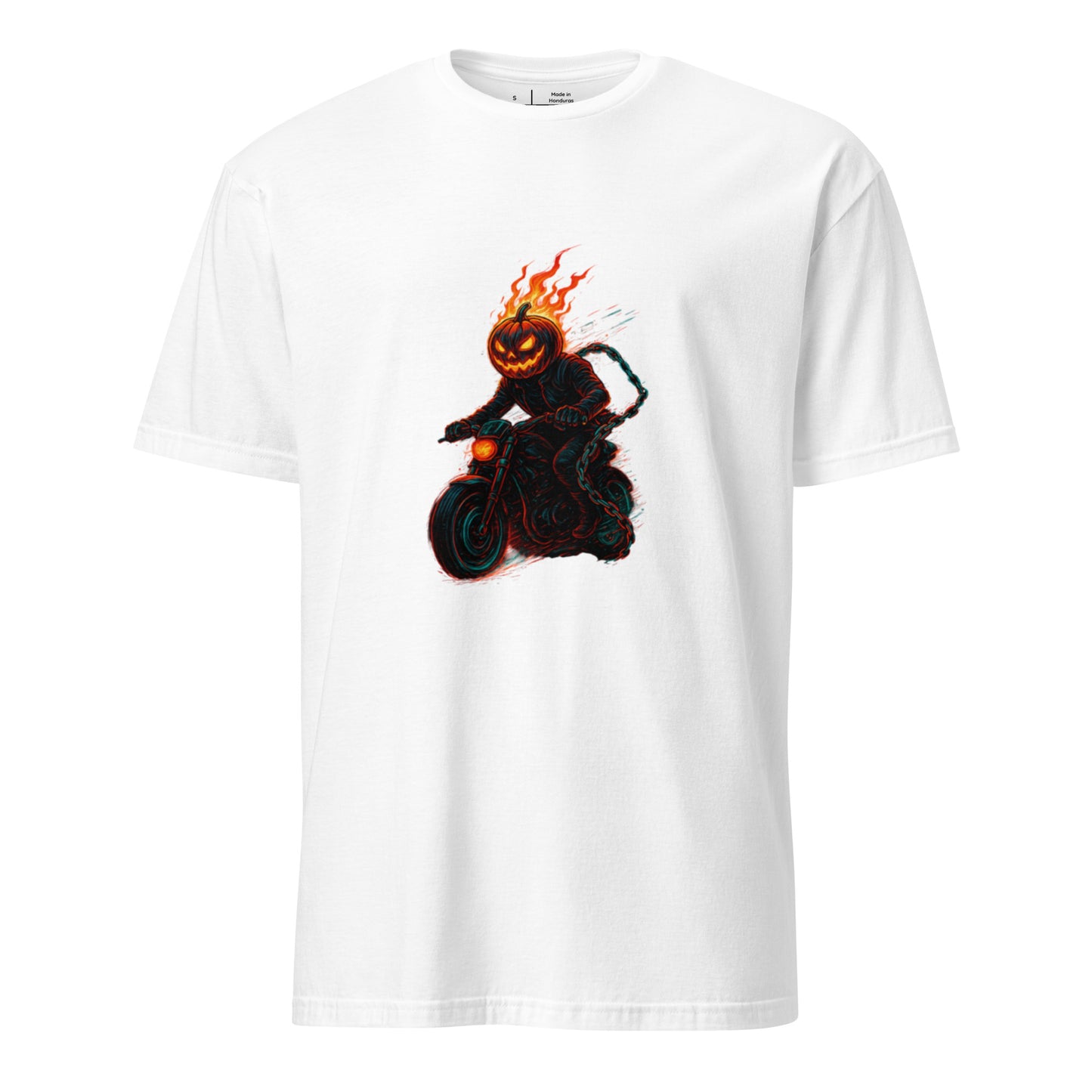 Cyber Pumpkin Rider – Futuristic Neon Halloween - Short-Sleeve Unisex T-Shirt - Graphic Tee - White - Front