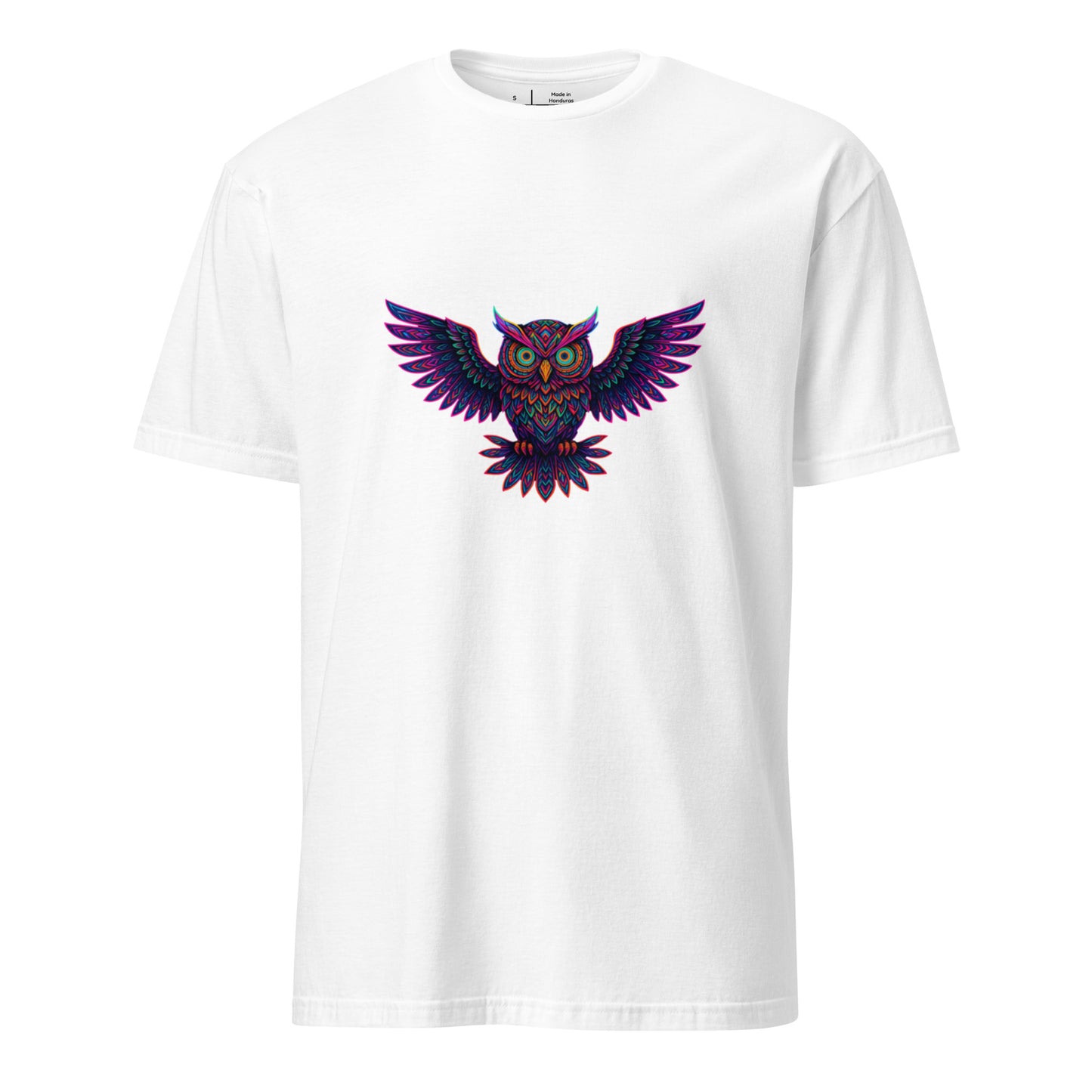 Psychedelic Owl – Trippy Neon Vision - Short-Sleeve Unisex T-Shirt - Graphic Tee - White - Front