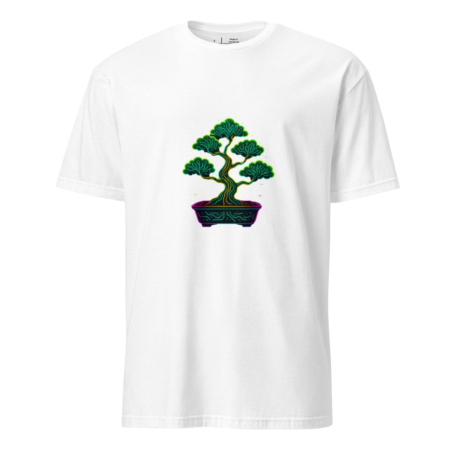 Cyber Bonsai – Neon Nature Fusion - Short-Sleeve Unisex T-Shirt - Graphic Tee - White - Front