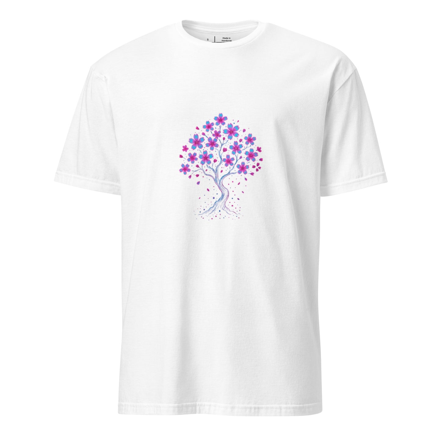 Digital Sakura Blossom – Holographic Harmony - Short-Sleeve Unisex T-Shirt - Graphic Tee - White - Front