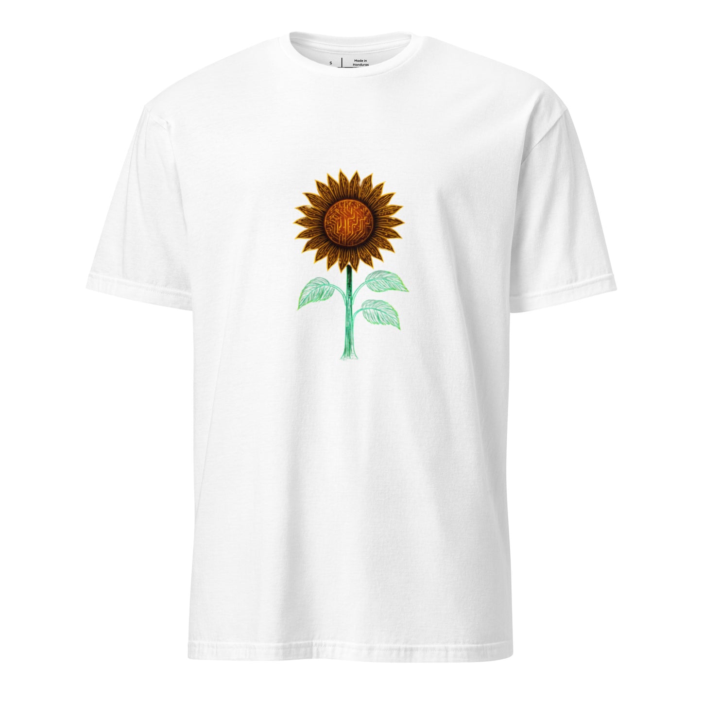 Circuitry Sunflower – Neon Tech Bloom - Short-Sleeve Unisex T-Shirt - Graphic Tee - White - Front