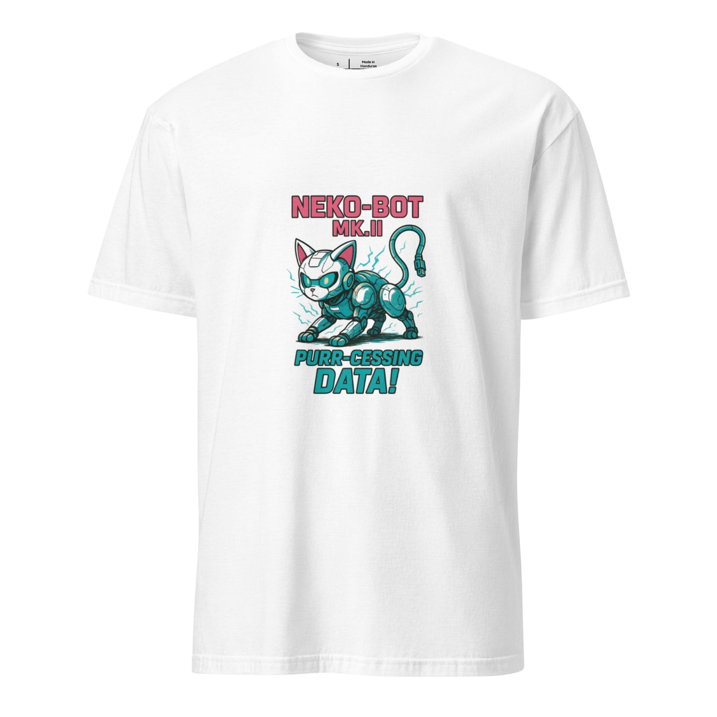 Neko-Bot Mk. II – “Purr-cessing Data…” - Short-Sleeve Unisex T-Shirt - Graphic Tee - White - Front