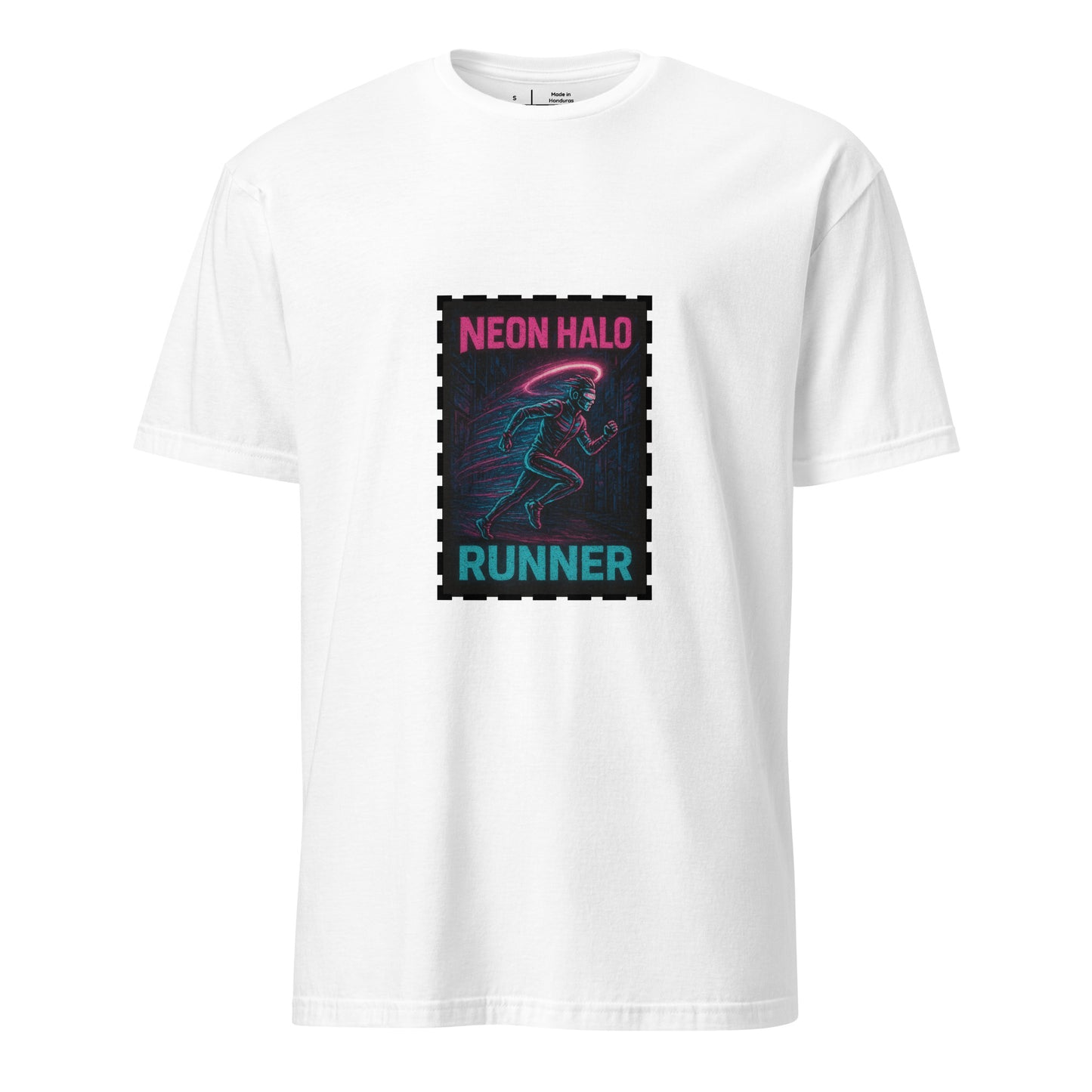 Neon Halo Runner - Cyber Adrenaline - Short-Sleeve Unisex T-Shirt - Graphic Tee - White - Front