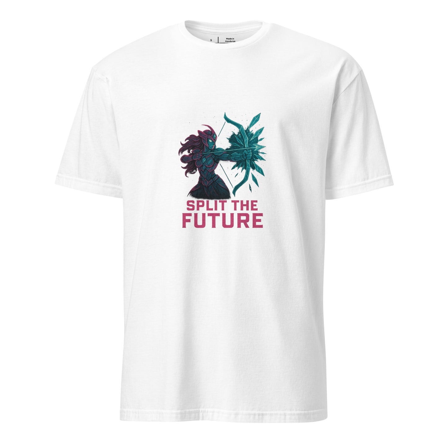 Quantum Prism Huntress – “Split the Future.” - Short-Sleeve Unisex T-Shirt - Graphic Tee - White - Front