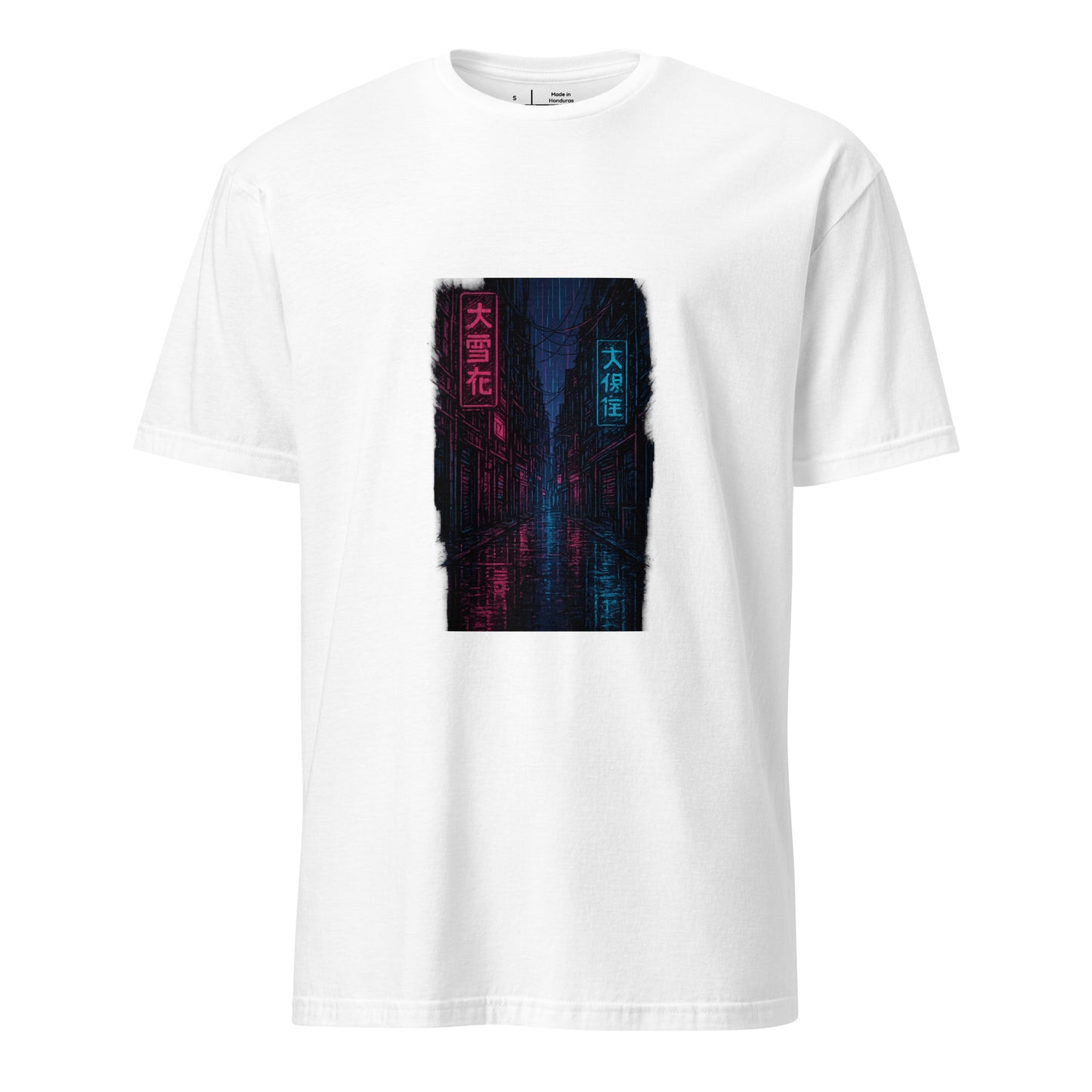 Neon Rain Alley – Cyberpunk Street Art - Short-Sleeve Unisex T-Shirt - Graphic Tee - White - Front