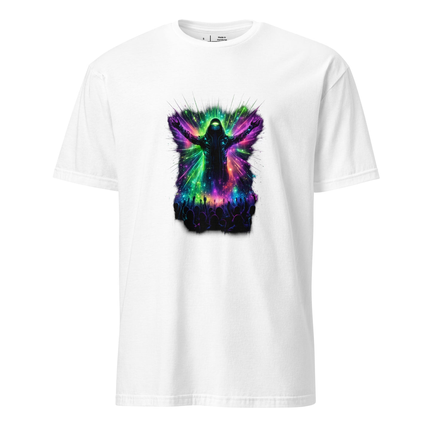 Neon Club Messiah – Late-Night Cyber Gig - Short-Sleeve Unisex T-Shirt - Graphic Tee - White - Front