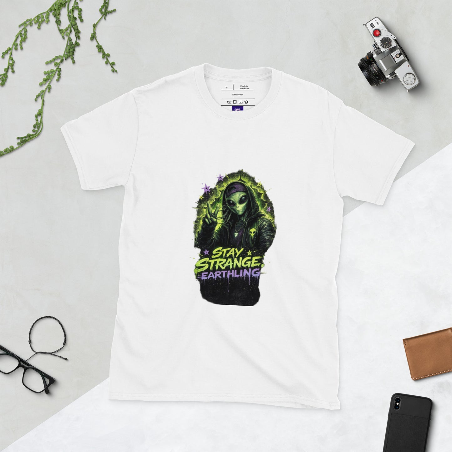 Stay Strange, Earthling – Retro Sci-Fi - Short-Sleeve Unisex T-Shirt - Graphic Tee - White - Front