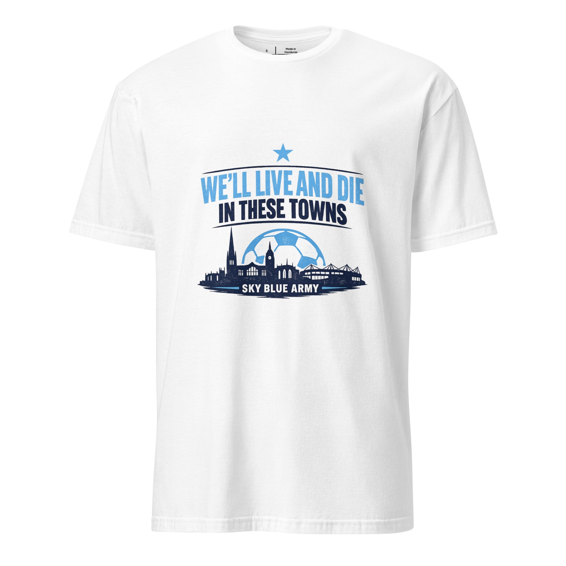 Live and Die in These Towns – Coventry Skyline - Short-Sleeve Unisex T-Shirt - Graphic Tee - White - Front