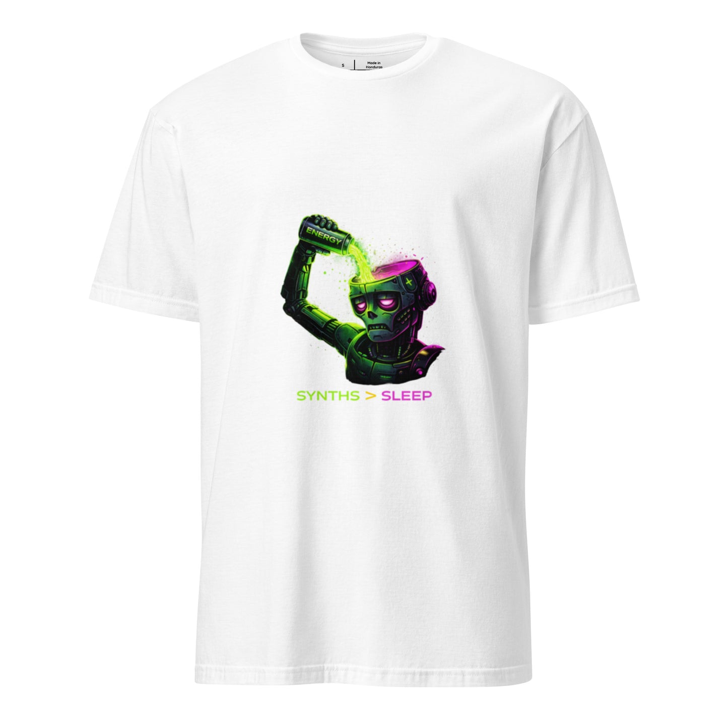 Energy Needed: Synths > Sleep – Cyber Rave - Short-Sleeve Unisex T-Shirt - Graphic Tee - White - Front
