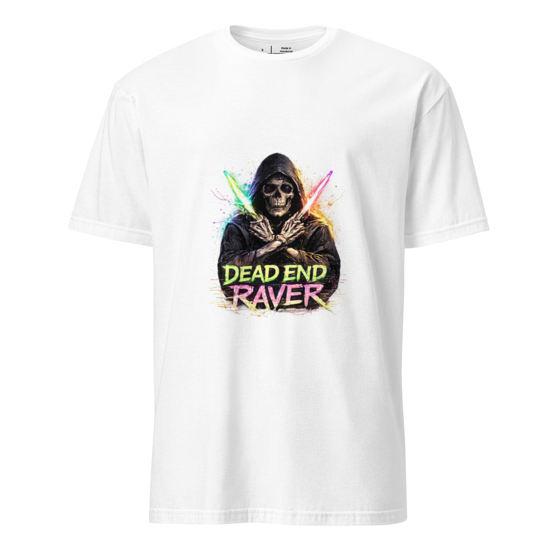 Dead End Raver – Neon Skull Rave - Short-Sleeve Unisex T-Shirt- Graphic Tee - White - Front