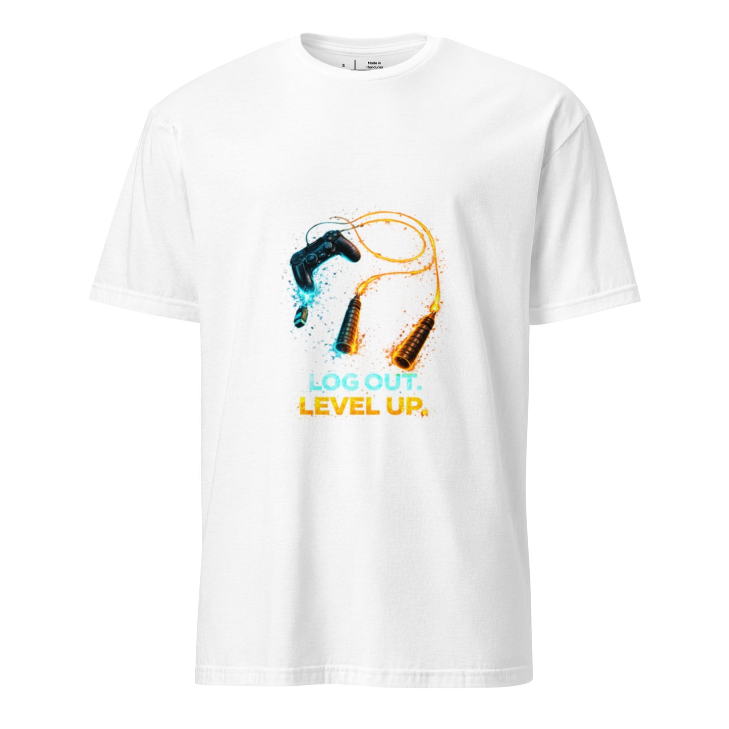 Log Out. Level Up. – Gamer Fitness Motivation - Short-Sleeve Unisex T-Shirt - Graphic Tee - White - Front