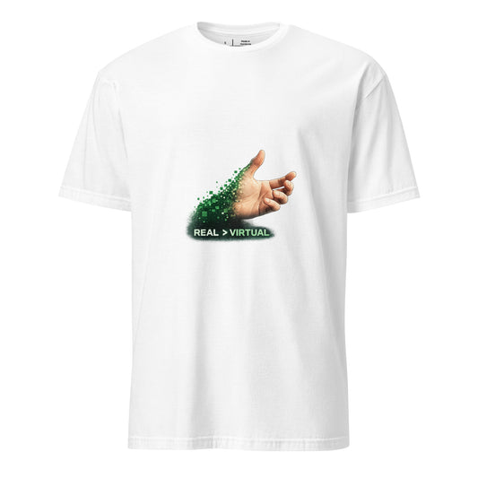 Real > Virtual – Gamer Lifestyle - Short-Sleeve Unisex T-Shirt - Graphic Tee - White - Front