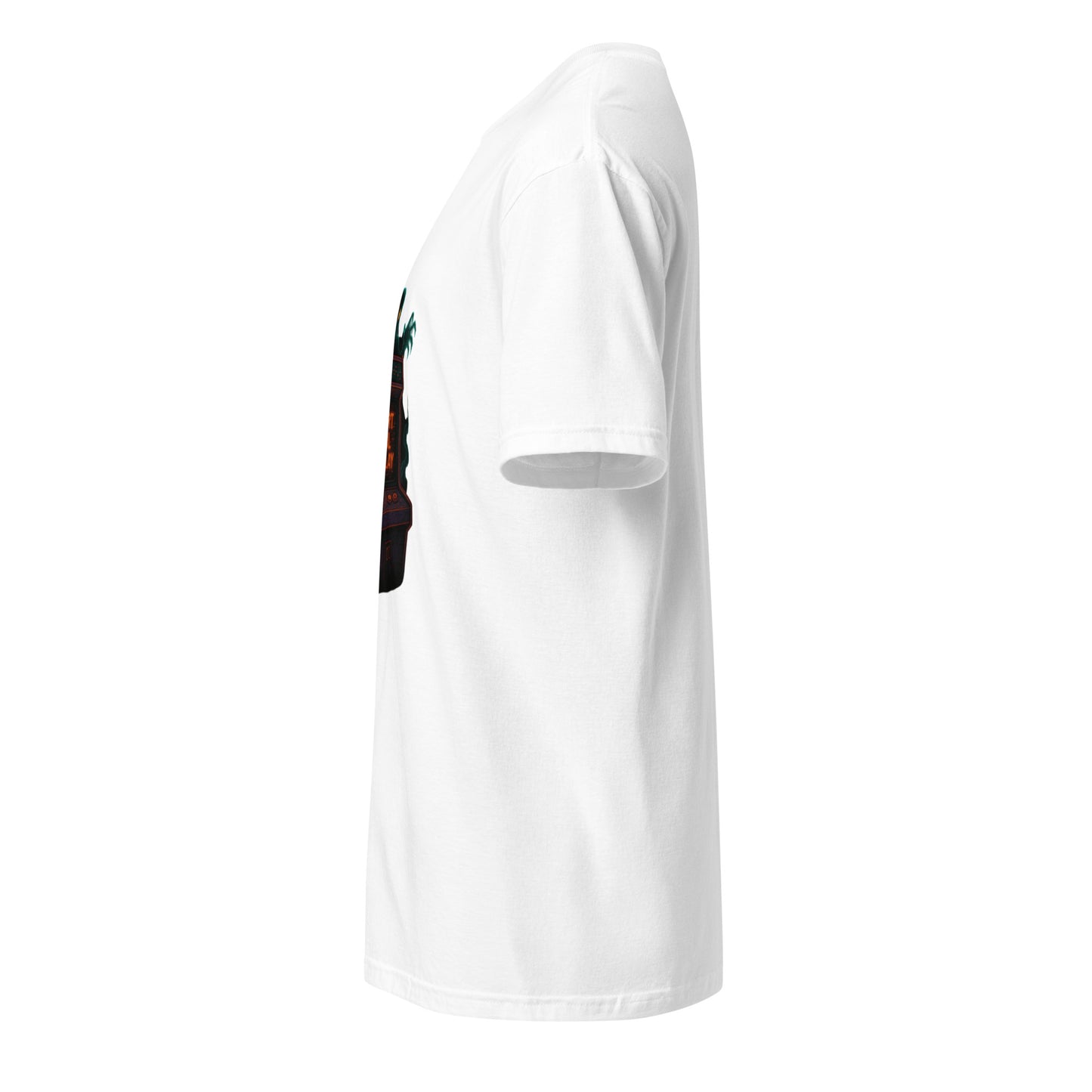 Haunted Neon Arcade Machine – “Insert Soul to Play” Retro Horror - Short-Sleeve Unisex T-Shirt - Graphic Tee - White - Left side