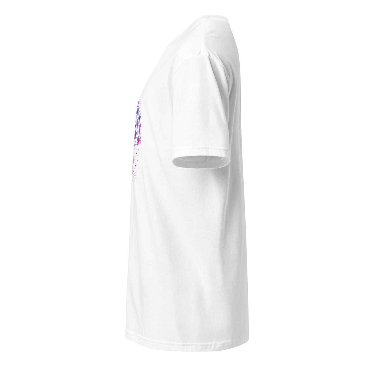 Digital Sakura Blossom – Holographic Harmony - Short-Sleeve Unisex T-Shirt - Graphic Tee - White - Left side