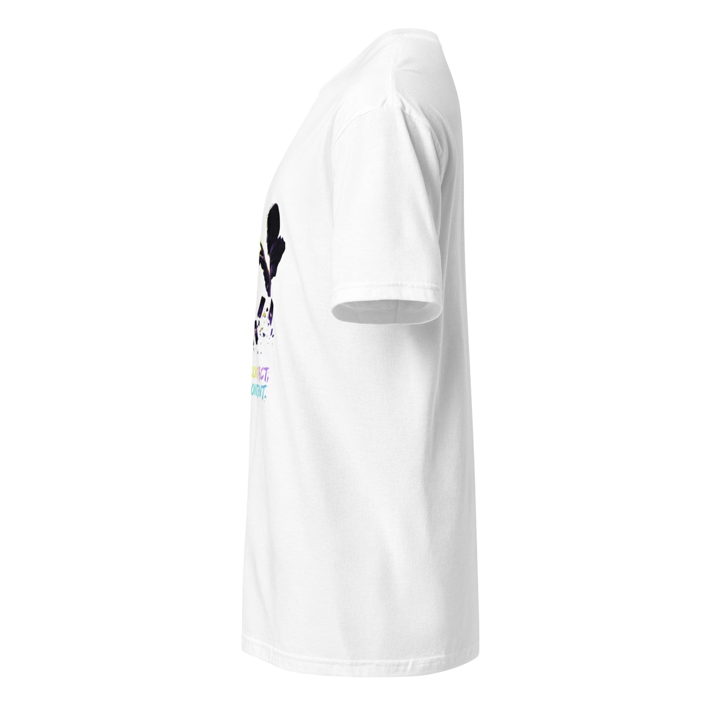 Make Contact, Not Content – Sci-Fi Streetwear - Short-Sleeve Unisex T-Shirt - Graphic Tee - White - Left side