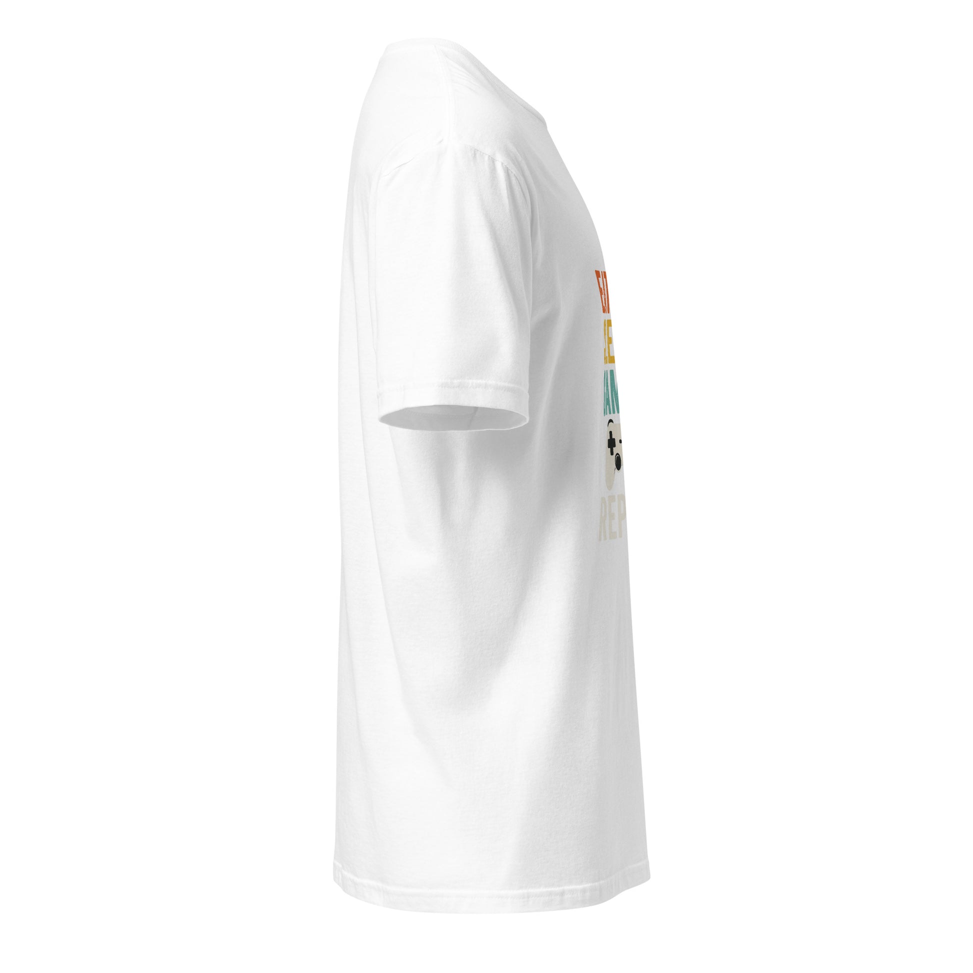 "Eat. Sleep. Game. Repeat." Retro Gamer - Short-Sleeve Unisex T-Shirt - Graphic Tee - White - Right side