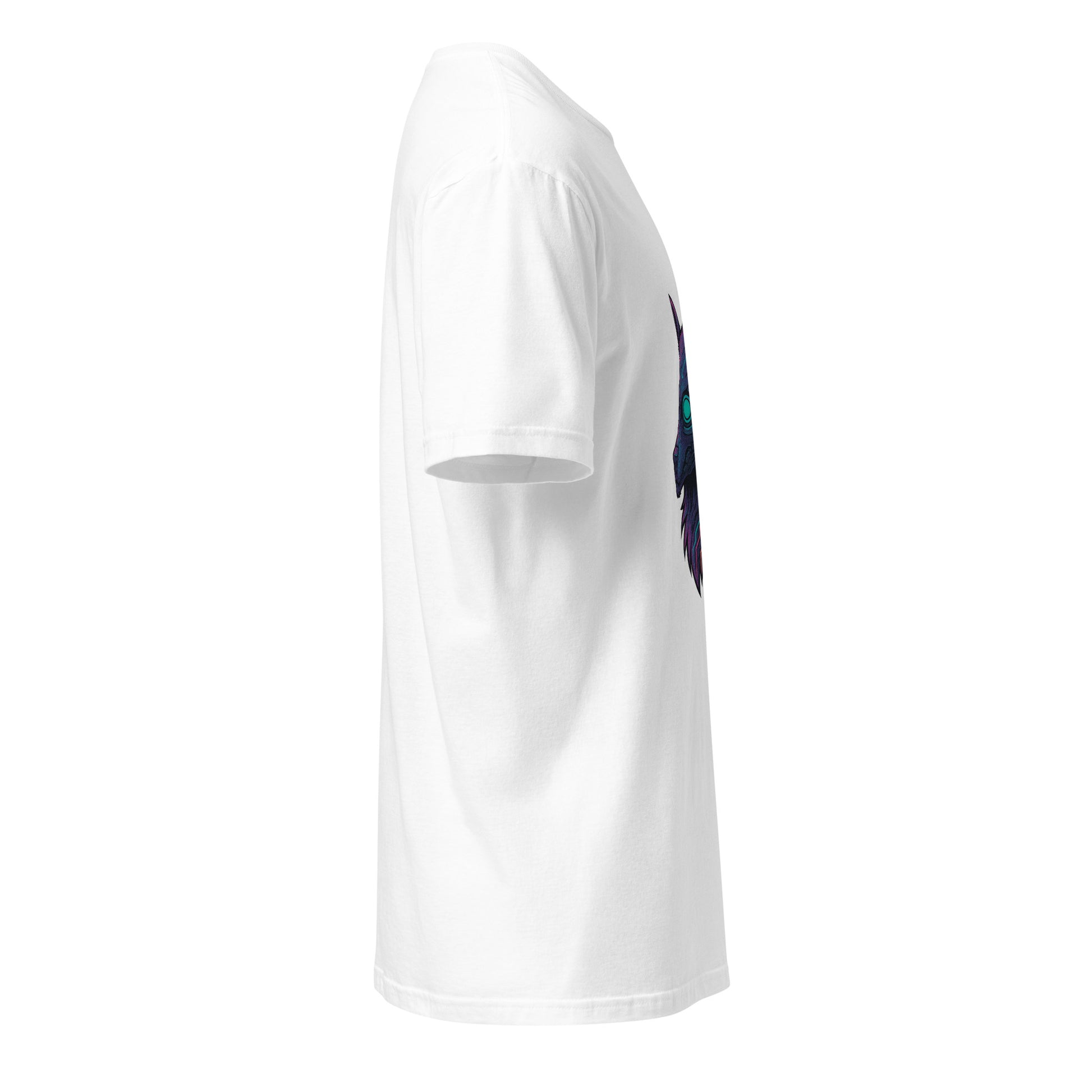 Cyber Wolf – Neon Sentinel - Short-Sleeve Unisex T-Shirt - Graphic Tee - White - Right side