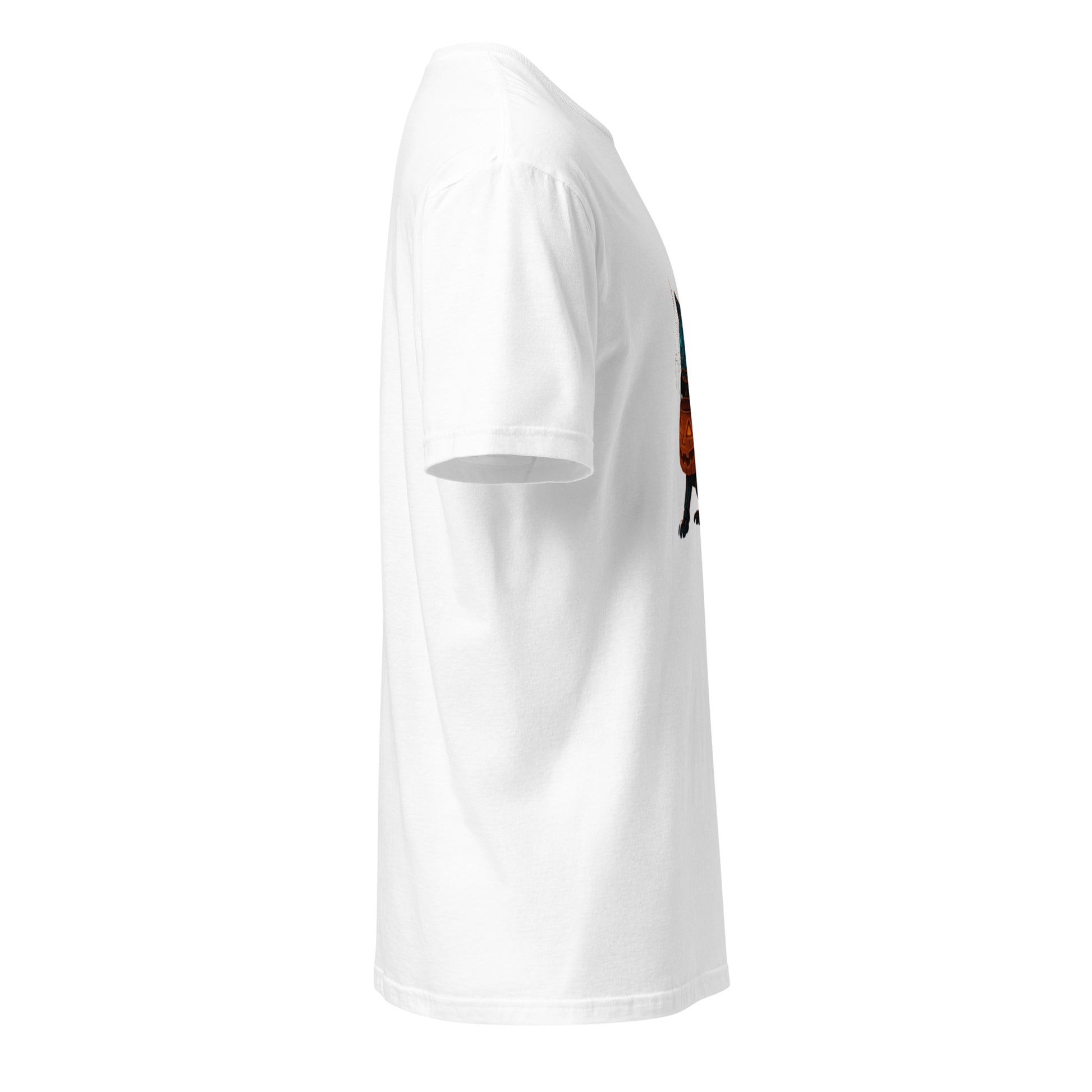 Trick-or-Treat Cyborg Cat – Cyberpunk Halloween Glow - Short-Sleeve Unisex T-Shirt - Graphic Tee - White - Right side