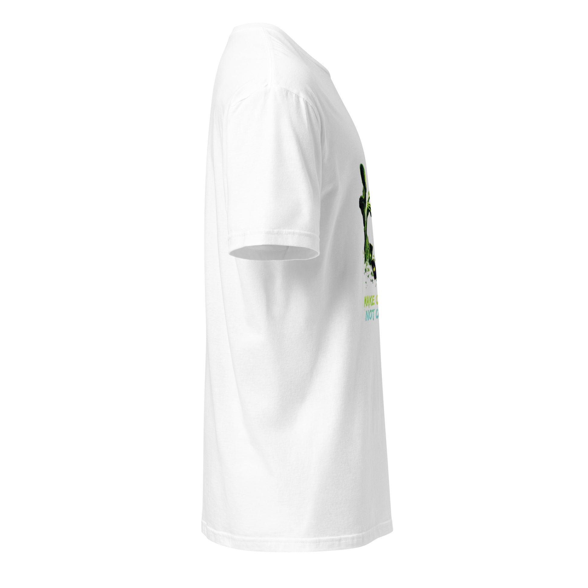 Make Contact, Not Content – Sci-Fi Streetwear - Short-Sleeve Unisex T-Shirt - Graphic Tee - White - Right side